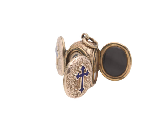 Antique 9ct Gold Blue Enamel Cross Triple Locket Pendant
