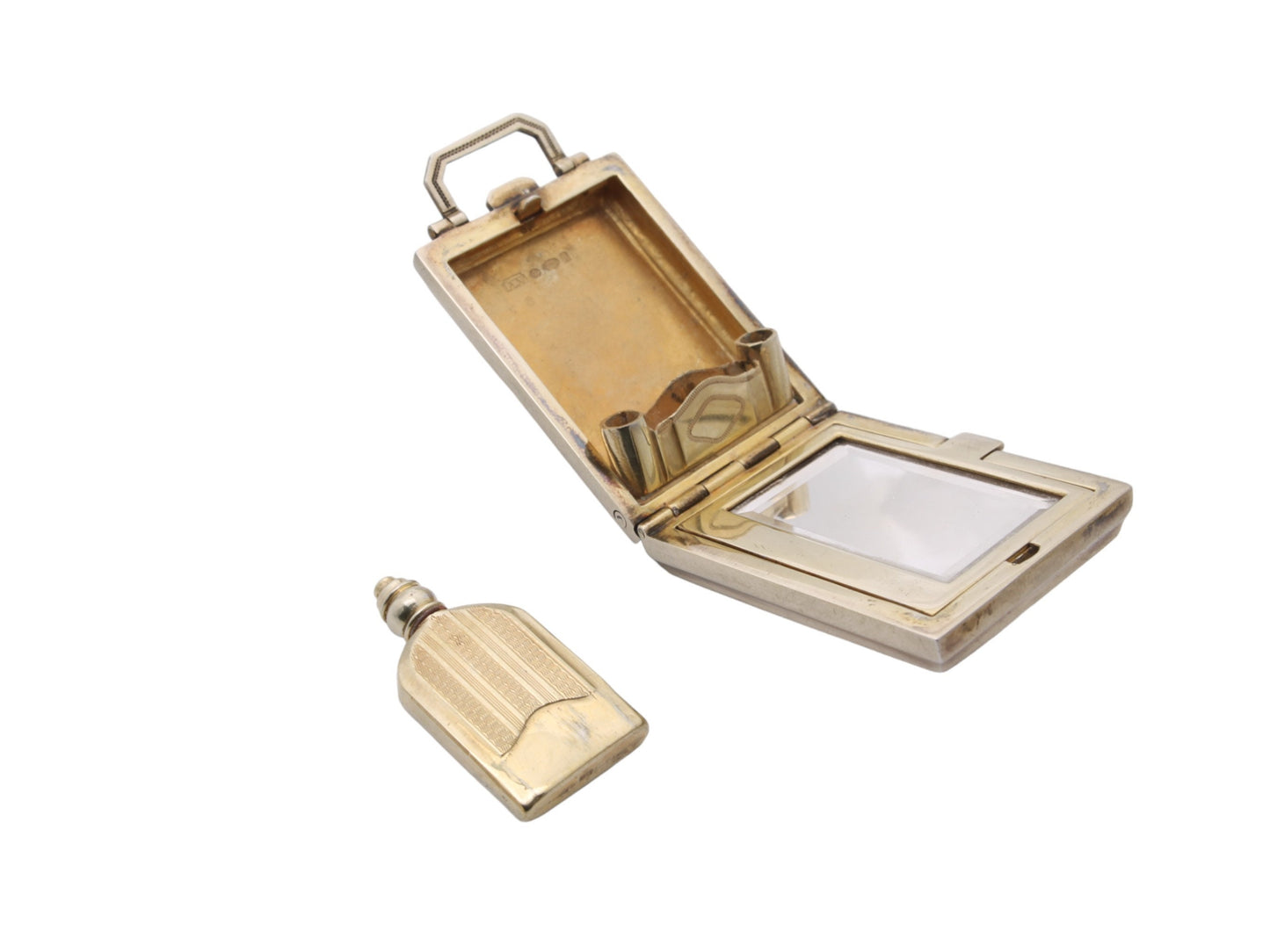Art Deco Silver Guilloche Enamel Compact Vanity Perfume Scent Bottle, 1925