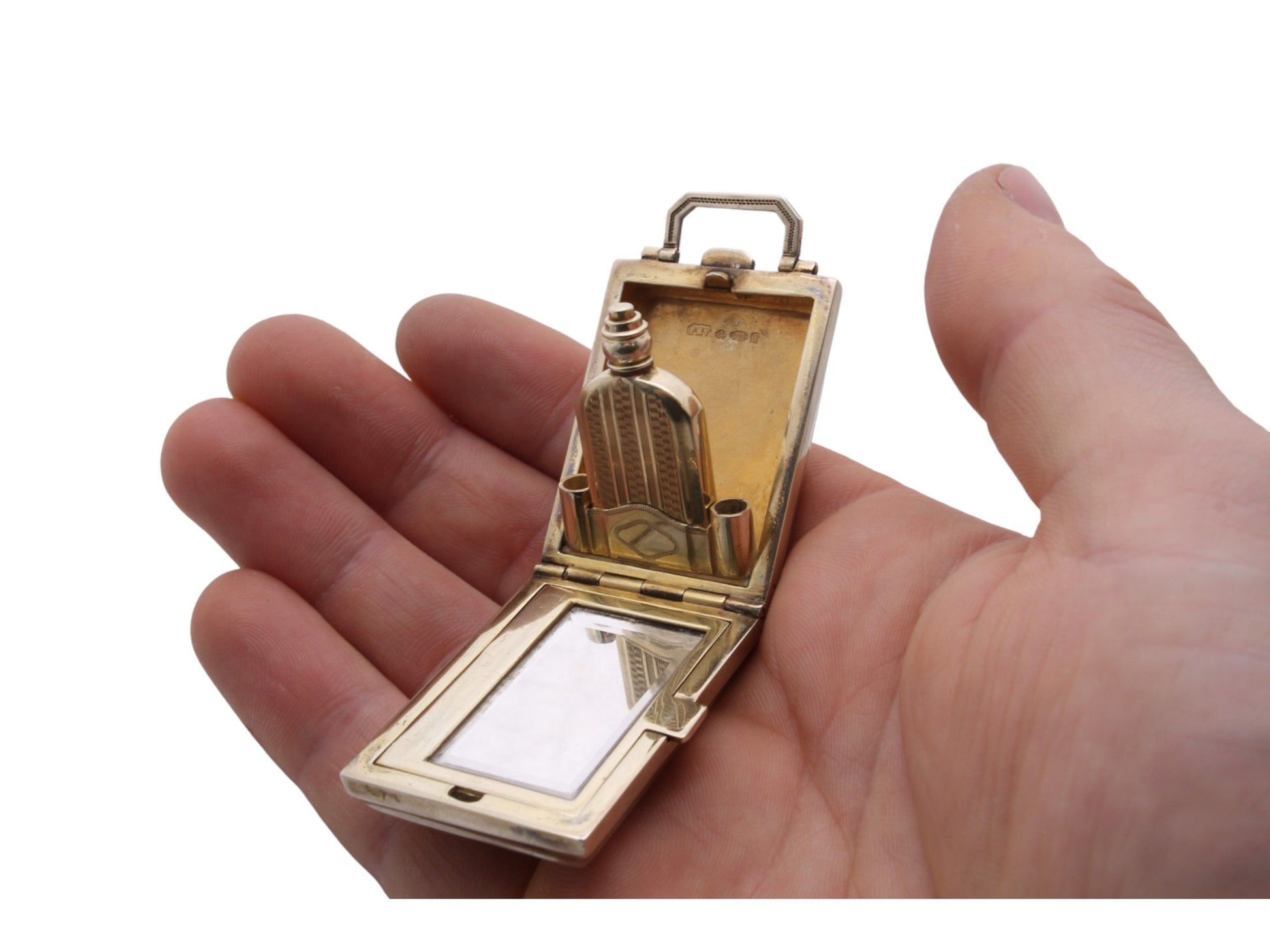 Art-Deco-Silver-Guilloche-Enamel-Compact-Vanity-Perfume-Scent-Bottle,-1925