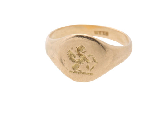 Antique 18ct Gold Intaglio Griffin Playing Harp Crest Signet Ring