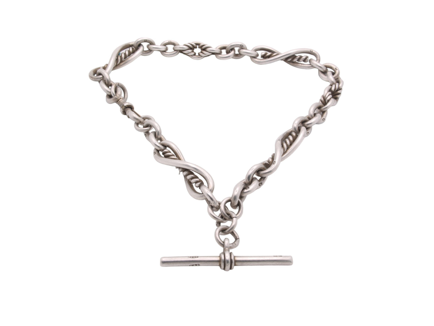 Antique Silver Fancy Twisted Trombone Link Watch Chain, 81g
