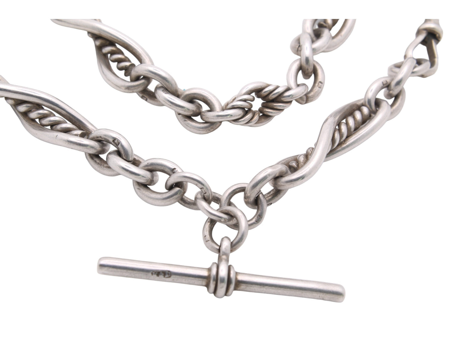 Antique Silver Fancy Twisted Trombone Link Watch Chain, 81g