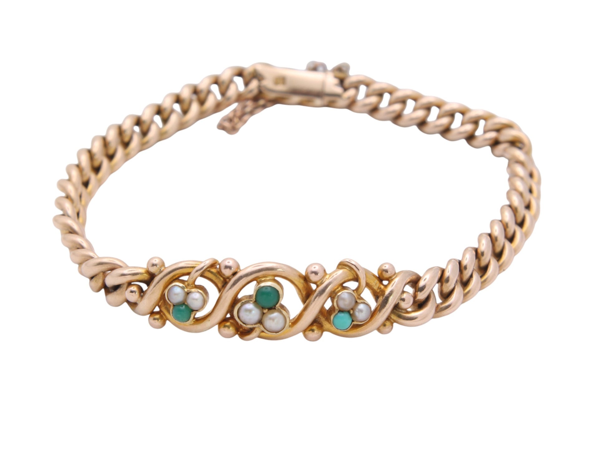 Antique-15ct-Yellow-Gold-Shamrock-Pearl-Turquoise-Bracelet,-7"