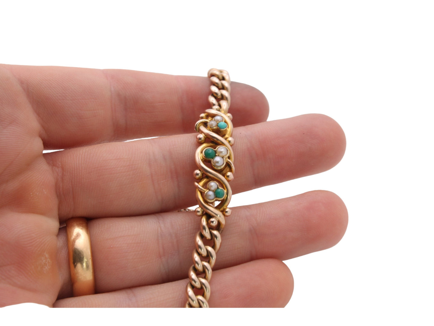 Antique 15ct Yellow Gold Shamrock Pearl Turquoise Bracelet, 7"