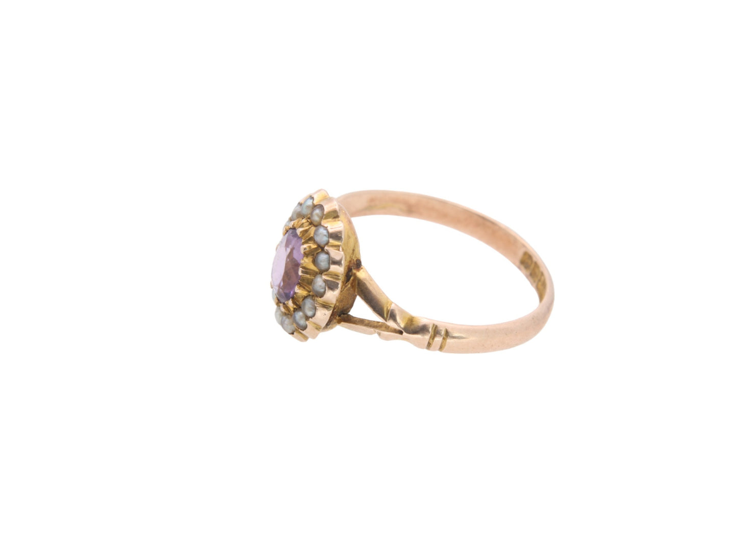 Antique 9ct Gold Amethyst Seed Pearl Cluster Ring