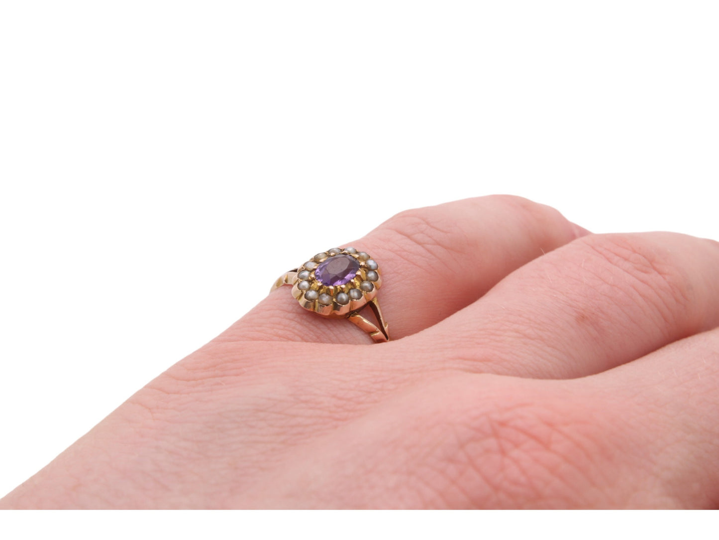 Antique 9ct Gold Amethyst Seed Pearl Cluster Ring