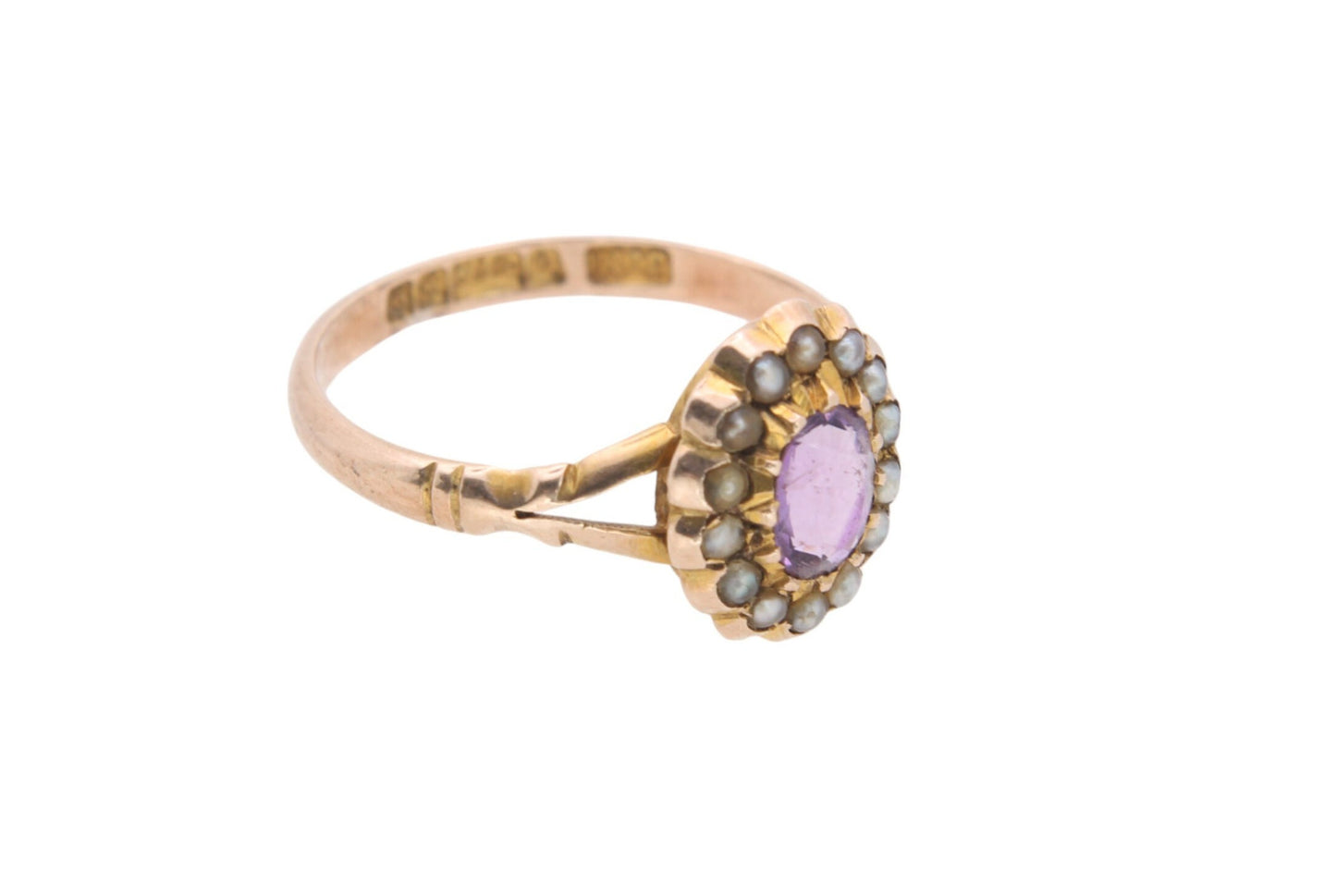 Antique 9ct Gold Amethyst Seed Pearl Cluster Ring