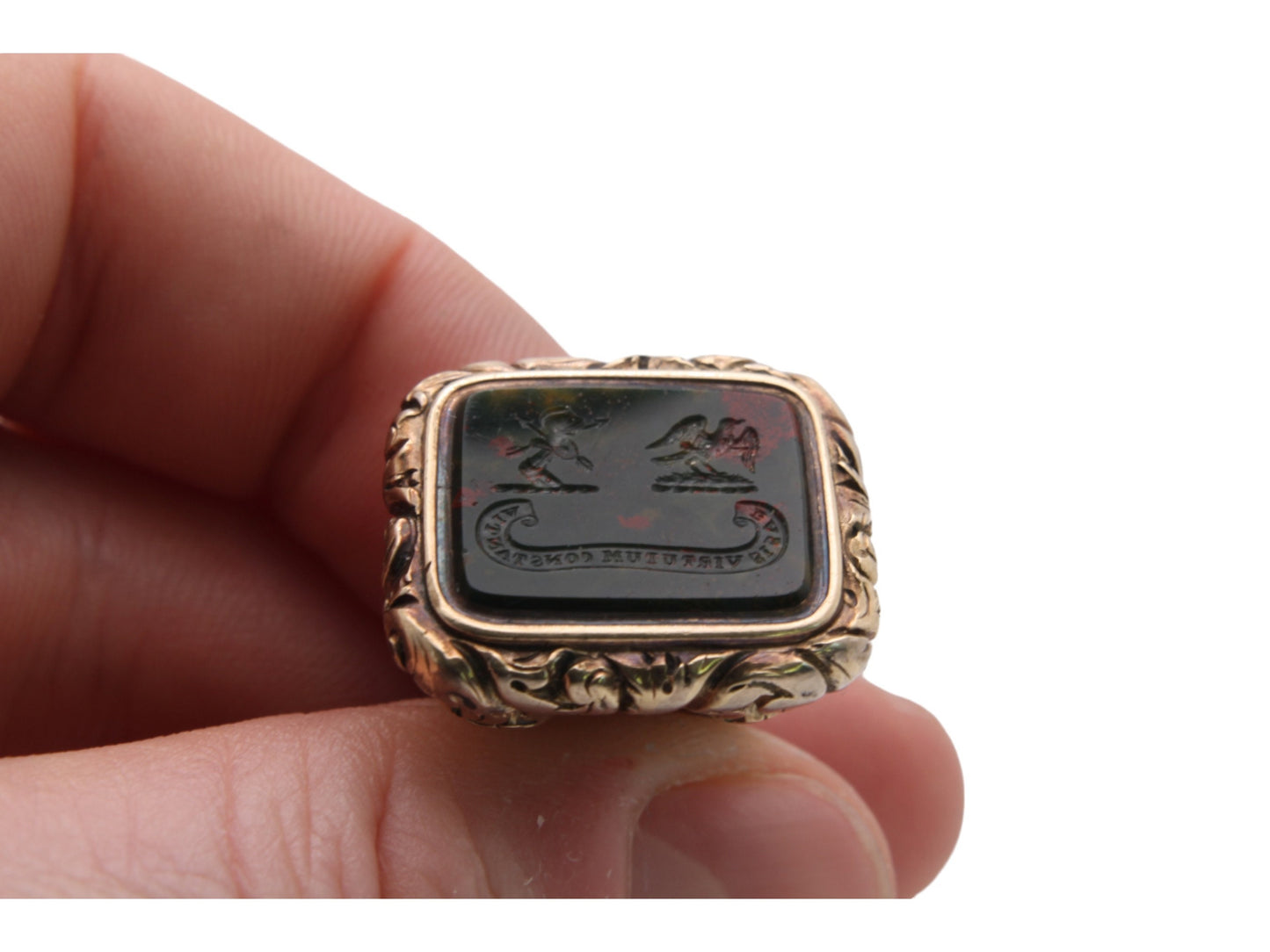 Antique 9ct Gold Intaglio Falcon Crest "Steadiness is the foundation of the virtues" Seal Pendant