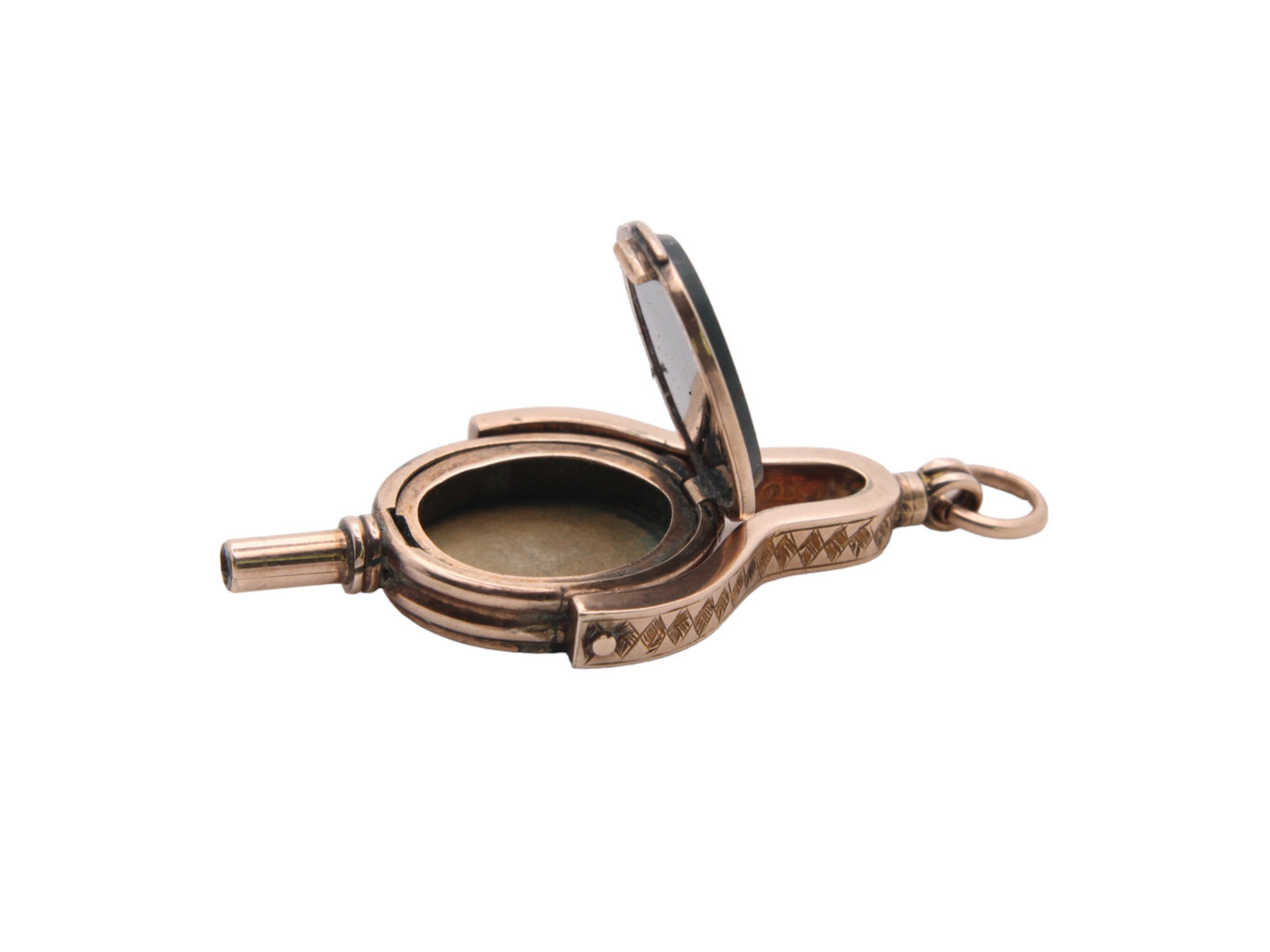 Antique 9ct Gold Bloodstone Lilac Agate Watch Key Pendant With Hidden Locket