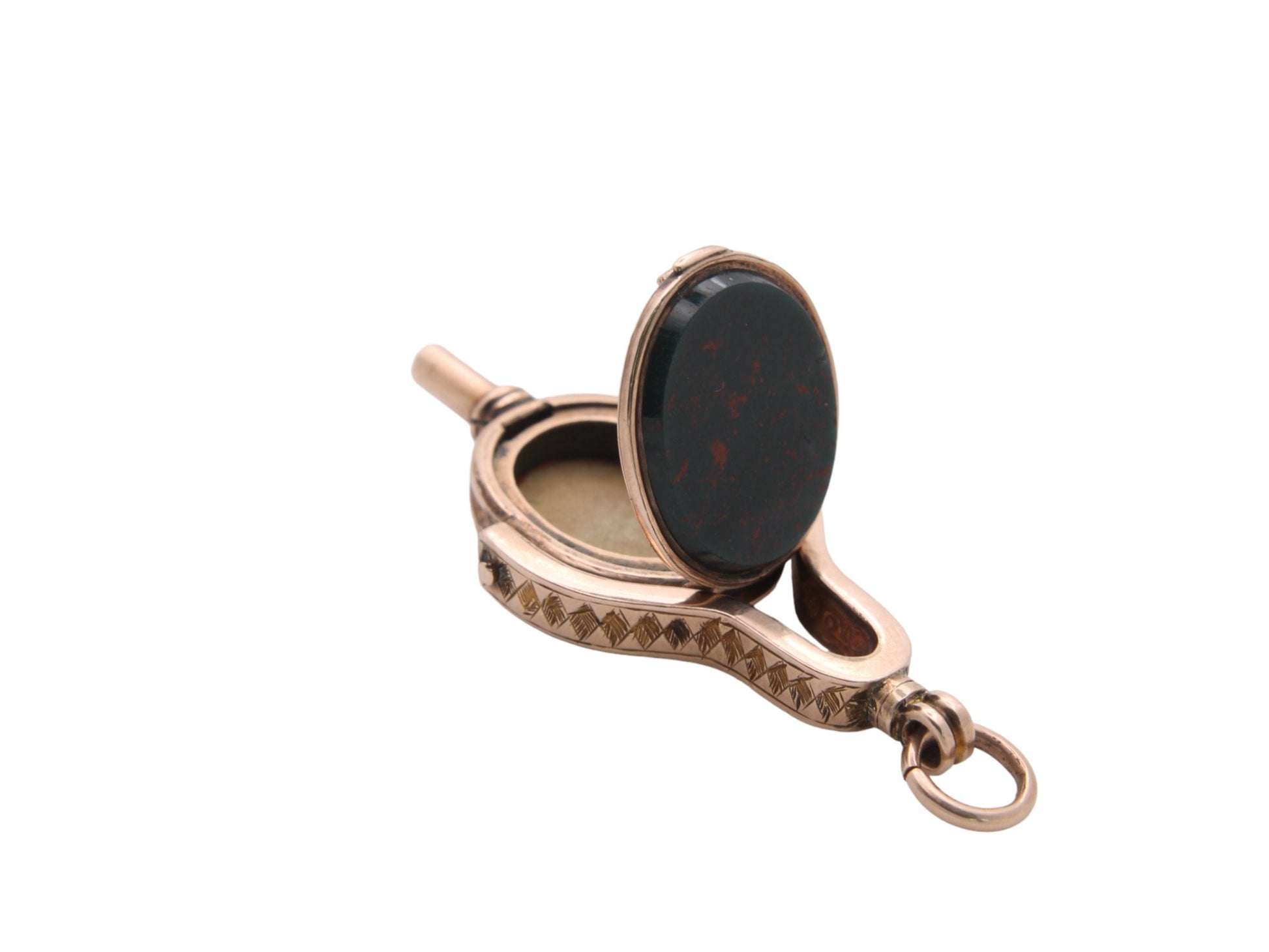 Antique-9ct-Gold-Bloodstone-Lilac-Agate-Watch-Key-Pendant-With-Hidden-Locket