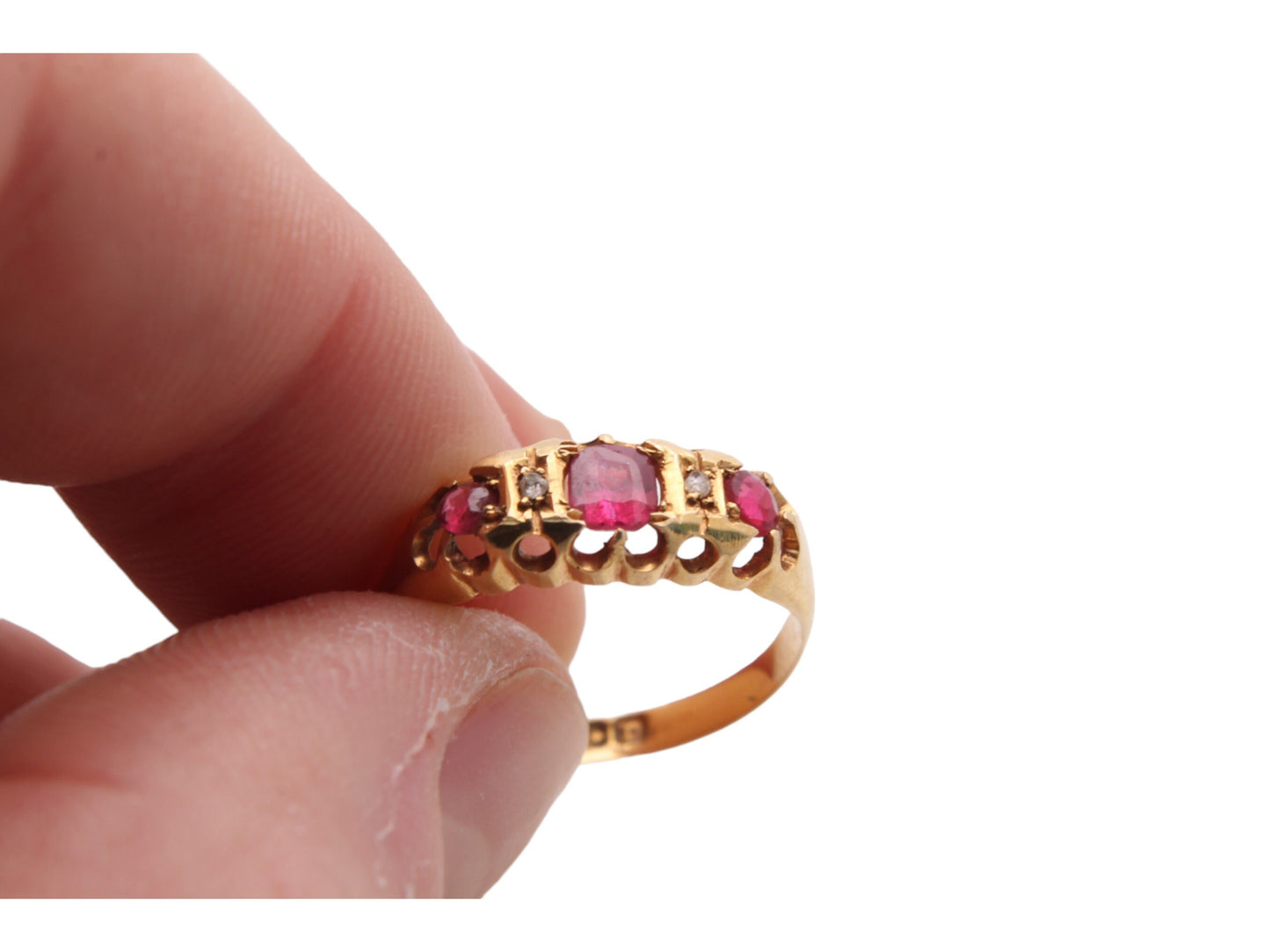 Antique 18ct Gold, Diamond & Ruby Gypsy Boat Ring 0.36ctw