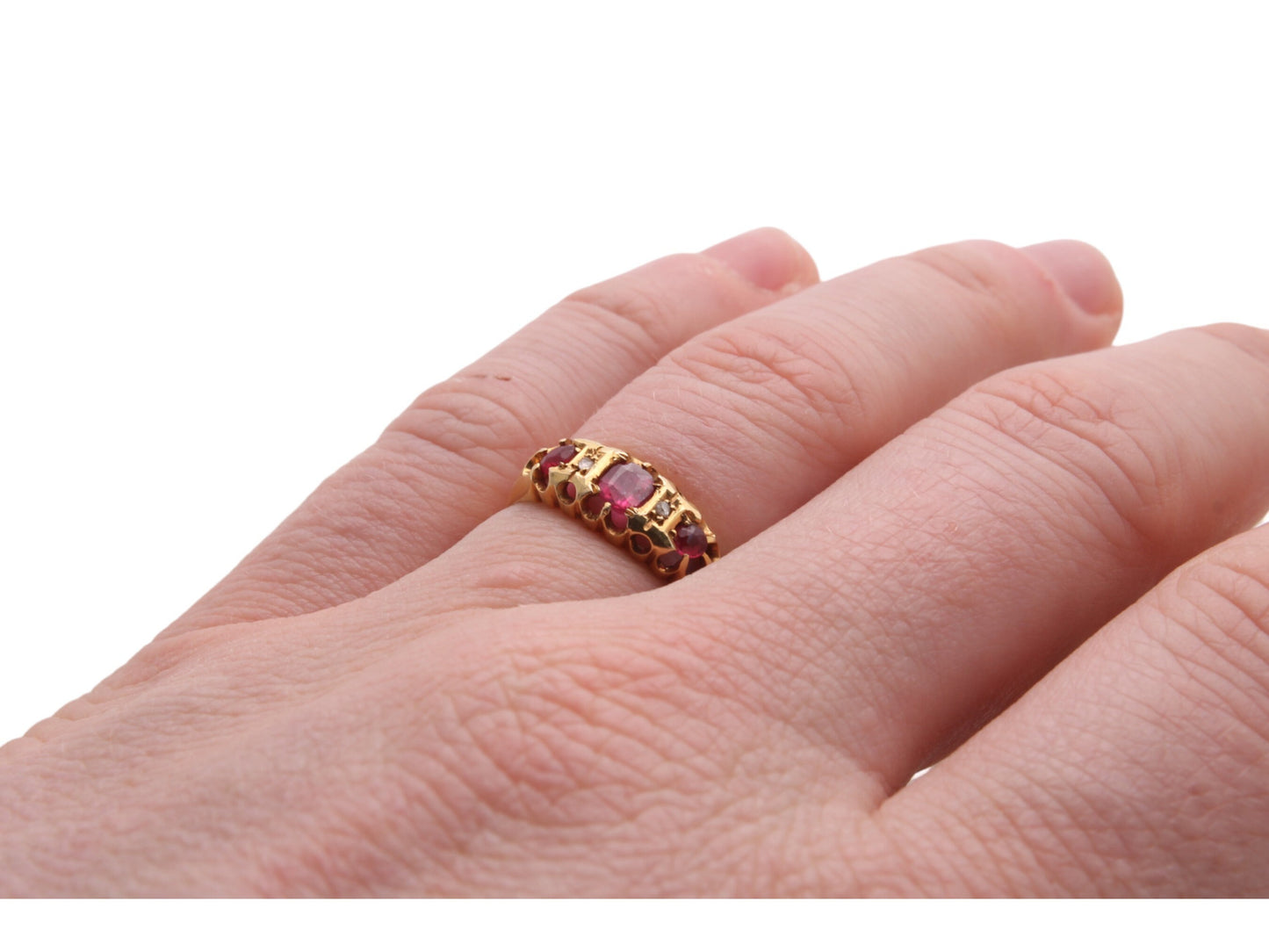 Antique 18ct Gold, Diamond & Ruby Gypsy Boat Ring 0.36ctw