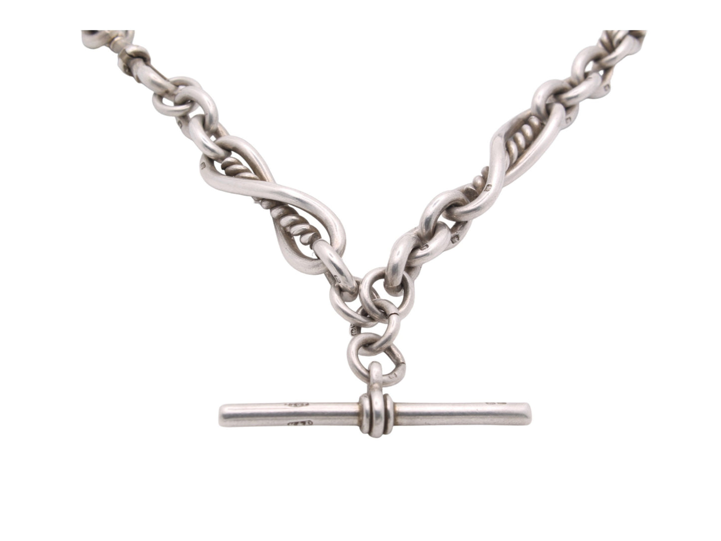 Antique Silver Fancy Twisted Trombone Link Watch Chain, 81g