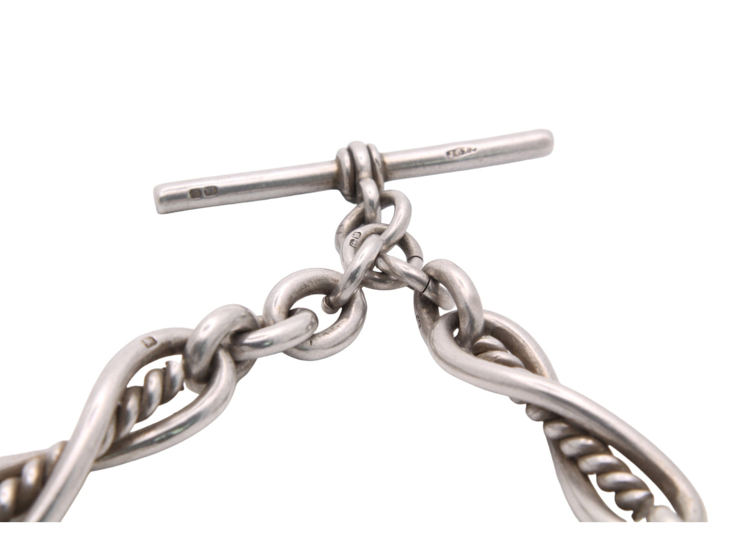 Antique-Silver-Fancy-Twisted-Trombone-Link-Watch-Chain,-81g