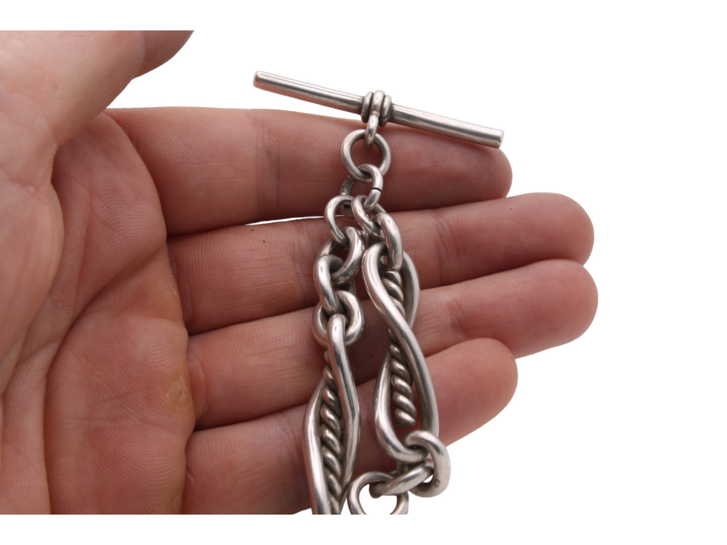 Antique Silver Fancy Twisted Trombone Link Watch Chain, 81g