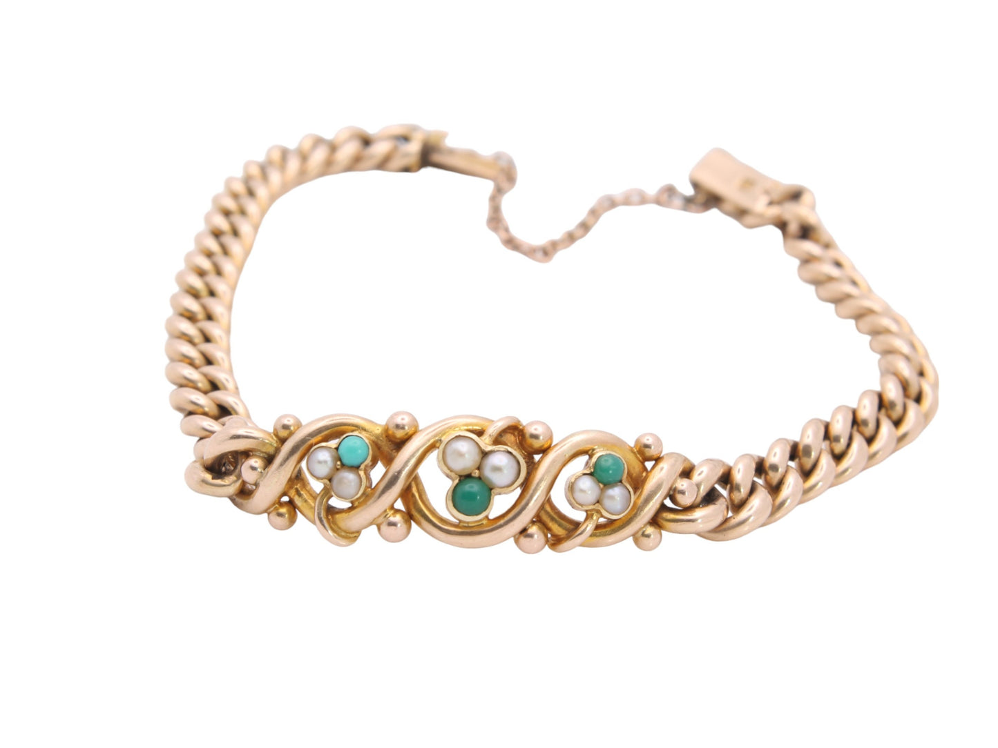 Antique 15ct Yellow Gold Shamrock Pearl Turquoise Bracelet, 7"