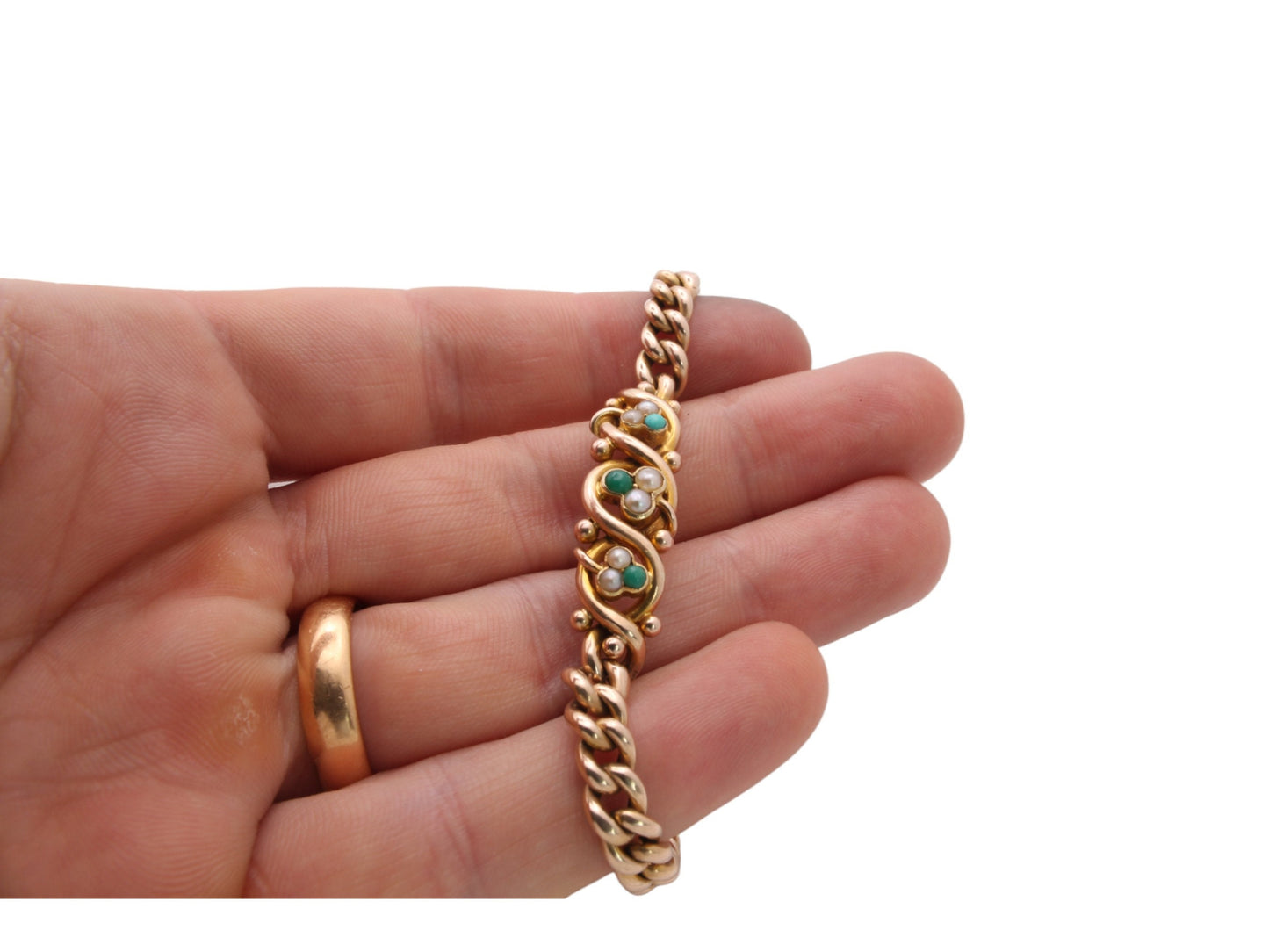 Antique 15ct Yellow Gold Shamrock Pearl Turquoise Bracelet, 7"