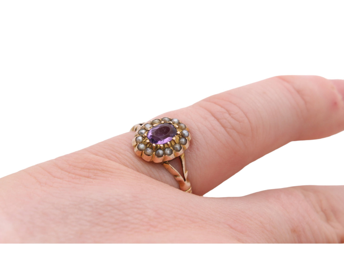 Antique 9ct Gold Amethyst Seed Pearl Cluster Ring