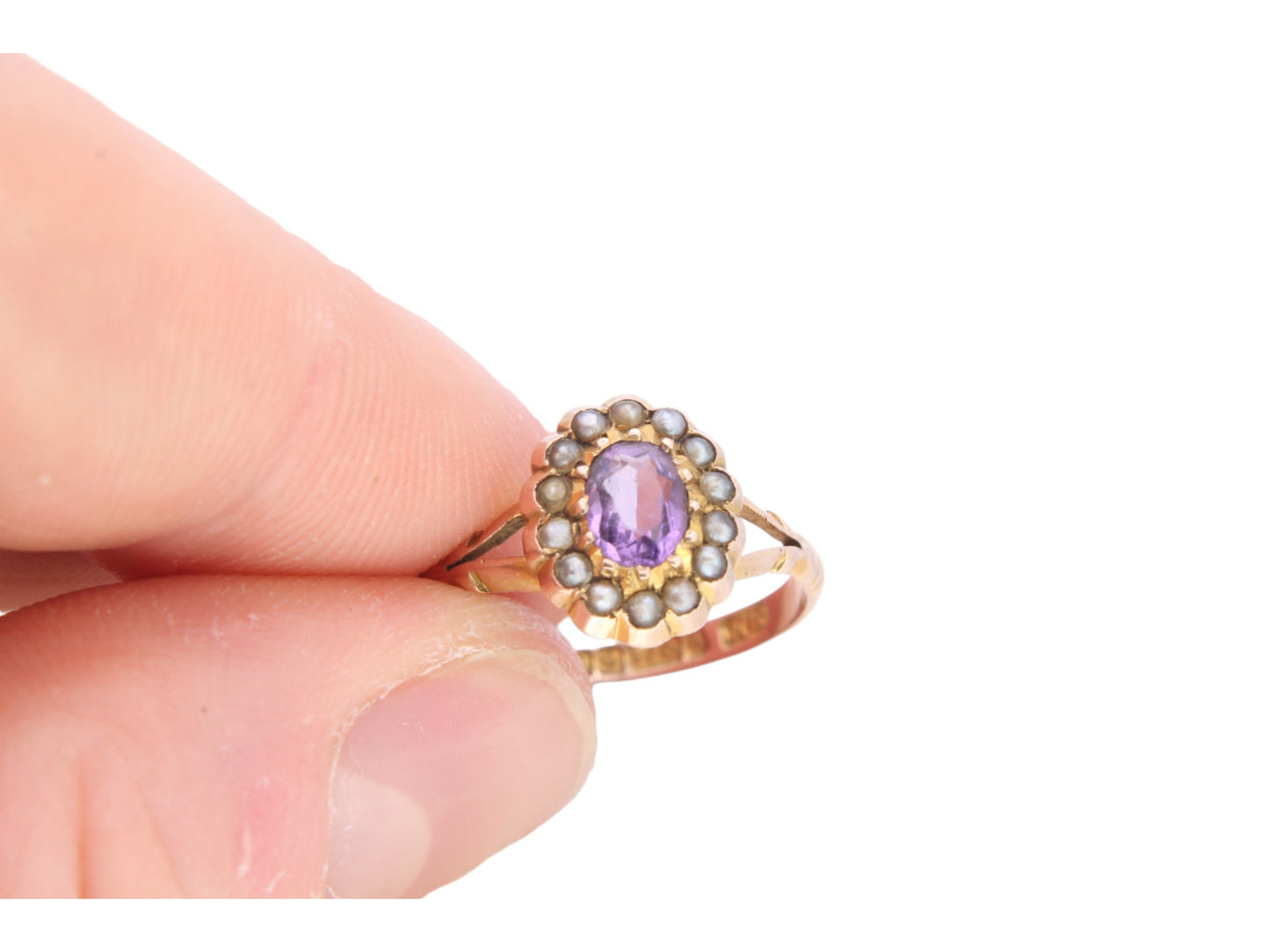 Antique 9ct Gold Amethyst Seed Pearl Cluster Ring