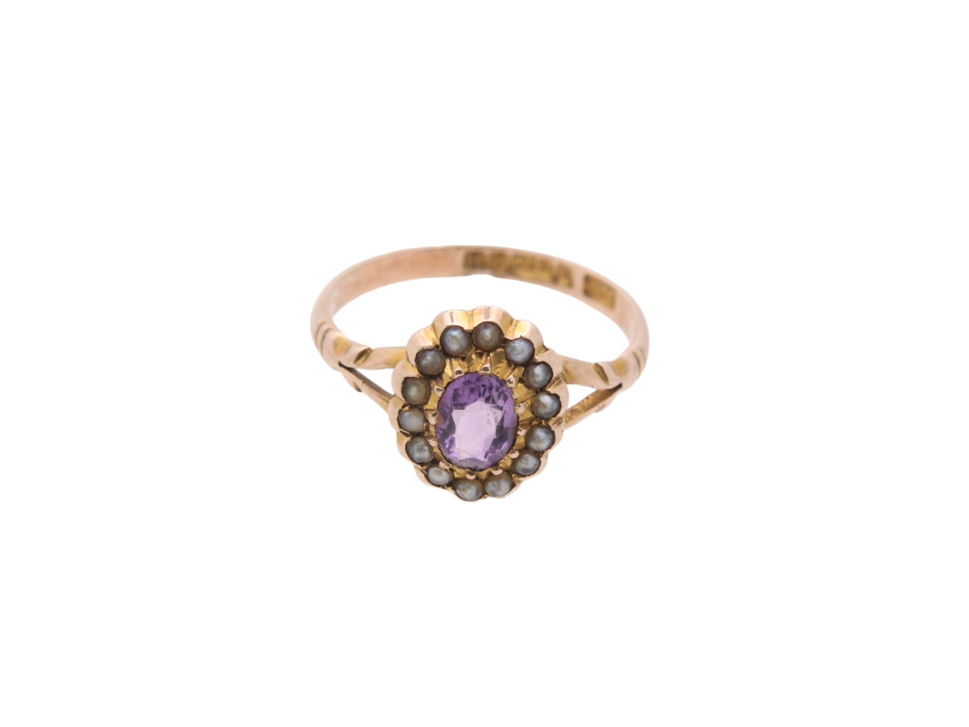 Antique-9ct-Gold-Amethyst-Seed-Pearl-Cluster-Ring