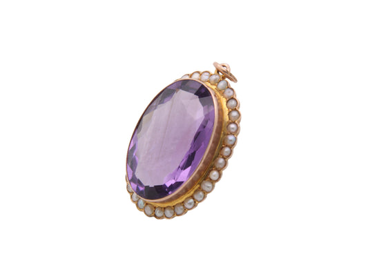 Antique 9ct Gold Amethyst & Seed Pearl Cluster Pendant, 16ct