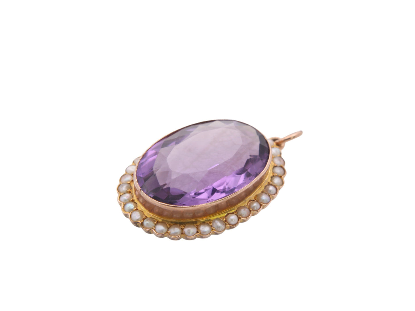 Antique 9ct Gold Amethyst & Seed Pearl Cluster Pendant, 16ct