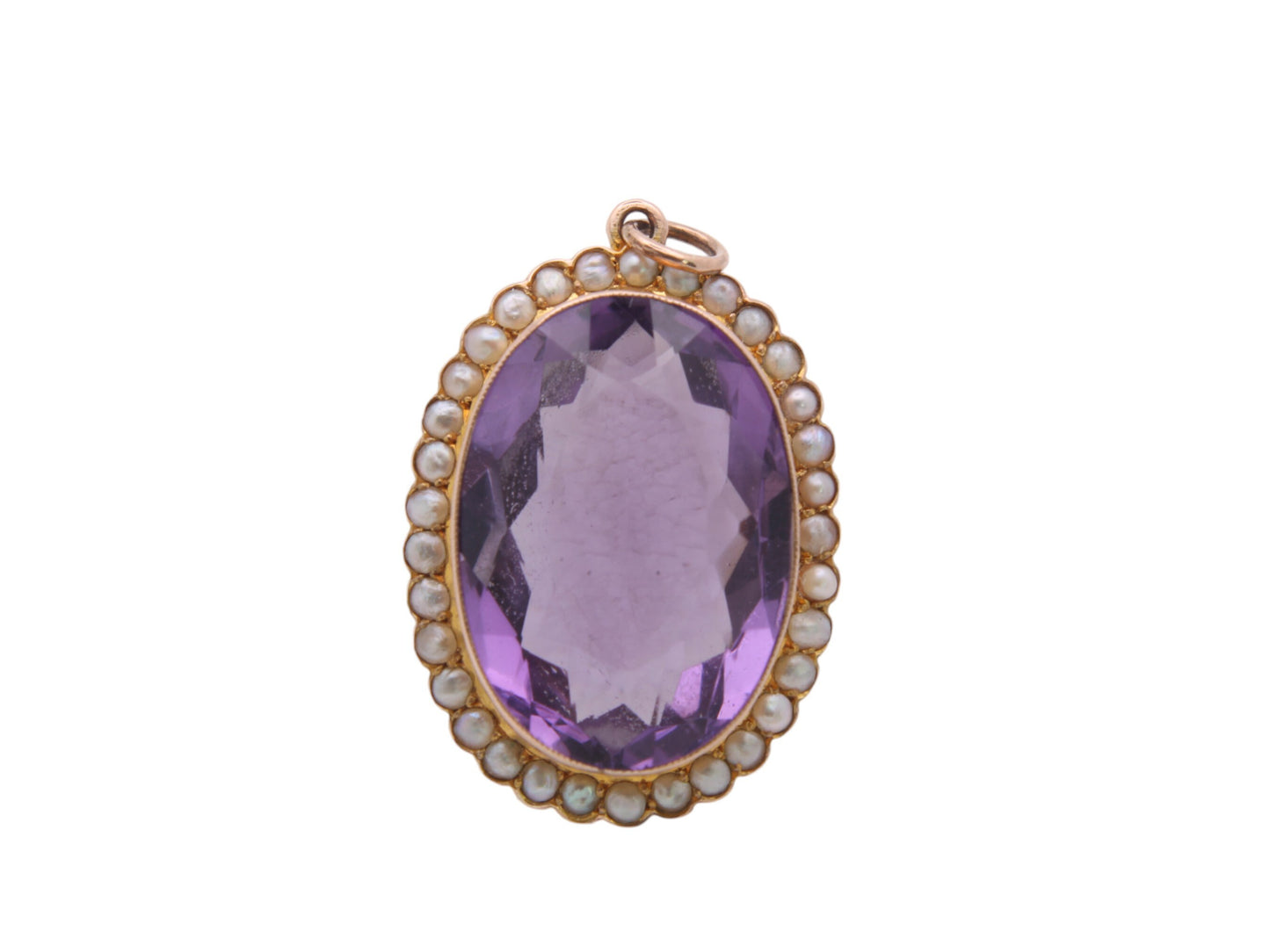 Antique 9ct Gold Amethyst & Seed Pearl Cluster Pendant, 16ct