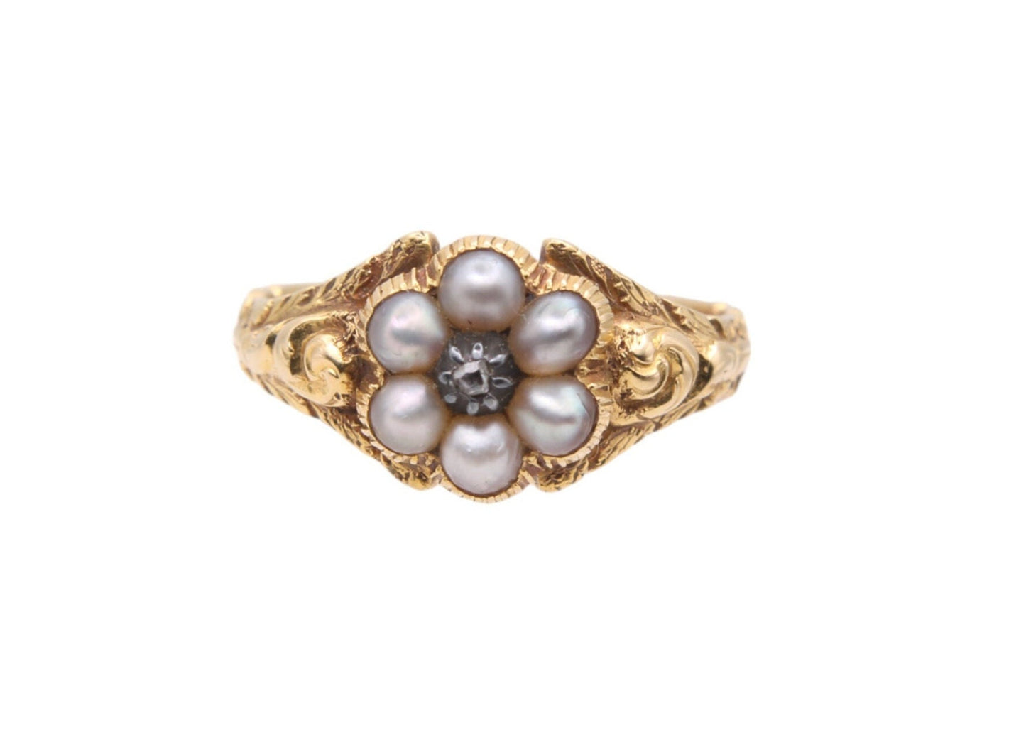 Antique Victorian 18ct Gold Diamond Pearl Flower Ring