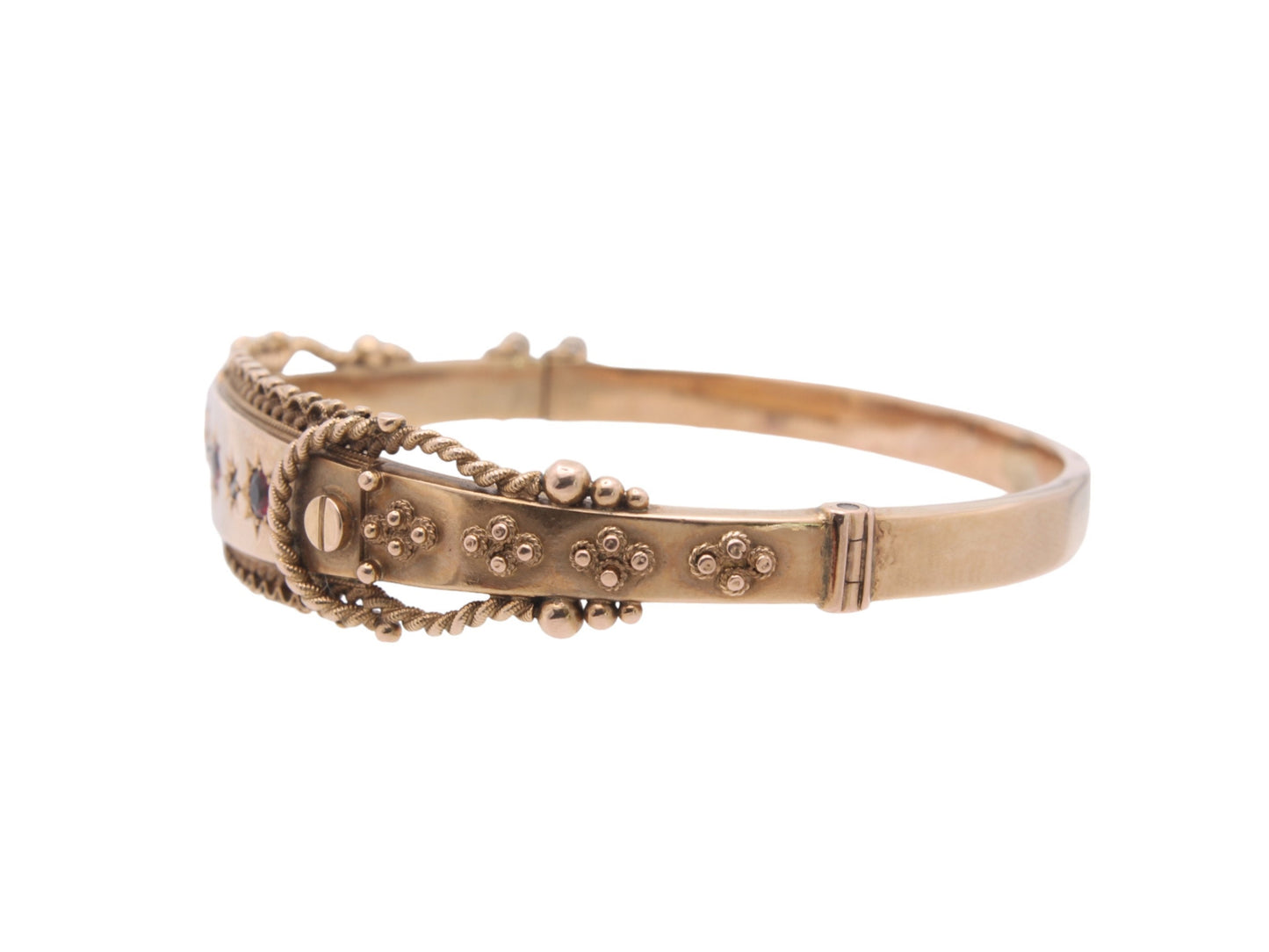 Antique 9ct Gold Diamond & Garnet Decorative Bangle - 1908