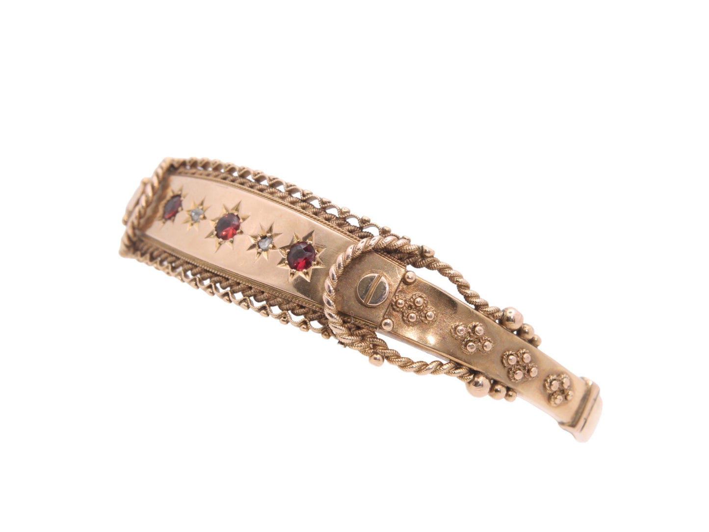 Antique 9ct Gold Diamond & Garnet Decorative Bangle - 1908