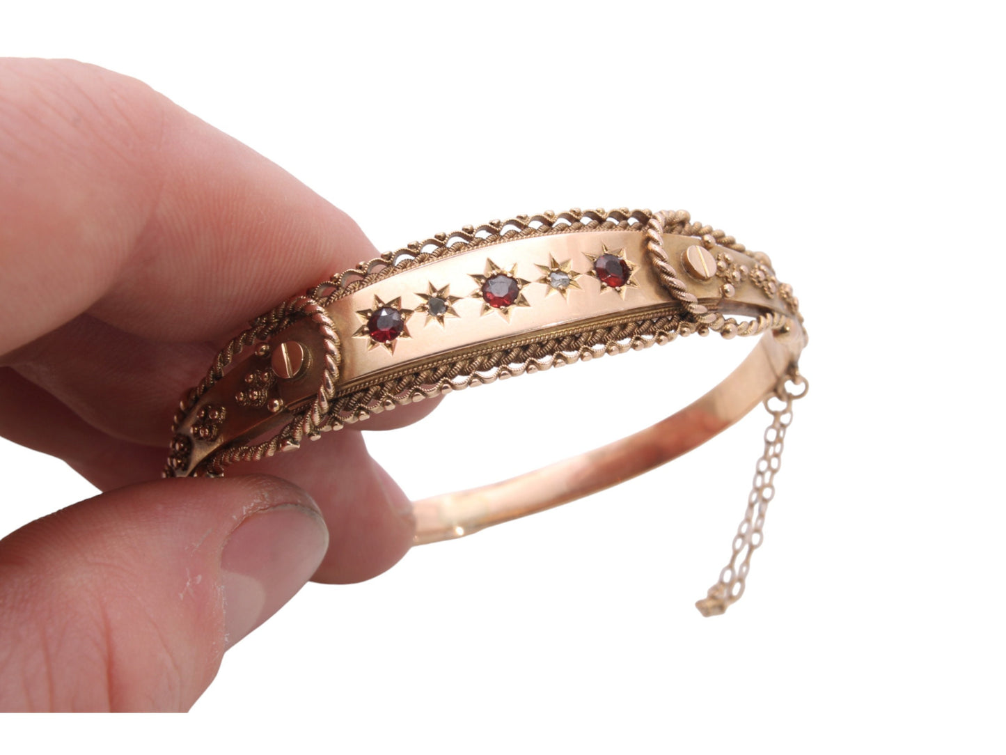 Antique 9ct Gold Diamond & Garnet Decorative Bangle - 1908