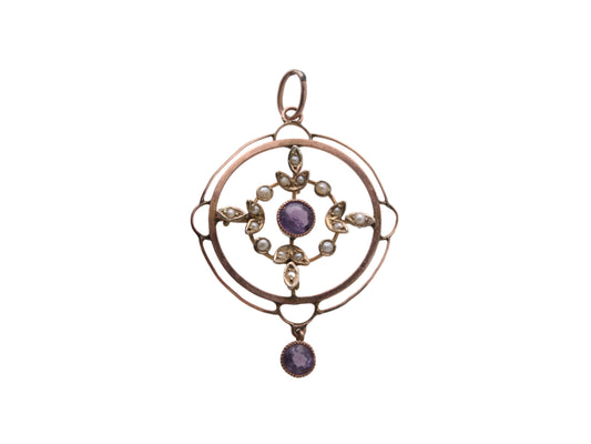 Antique 9ct Gold Amethyst Seed Pearl Pendant