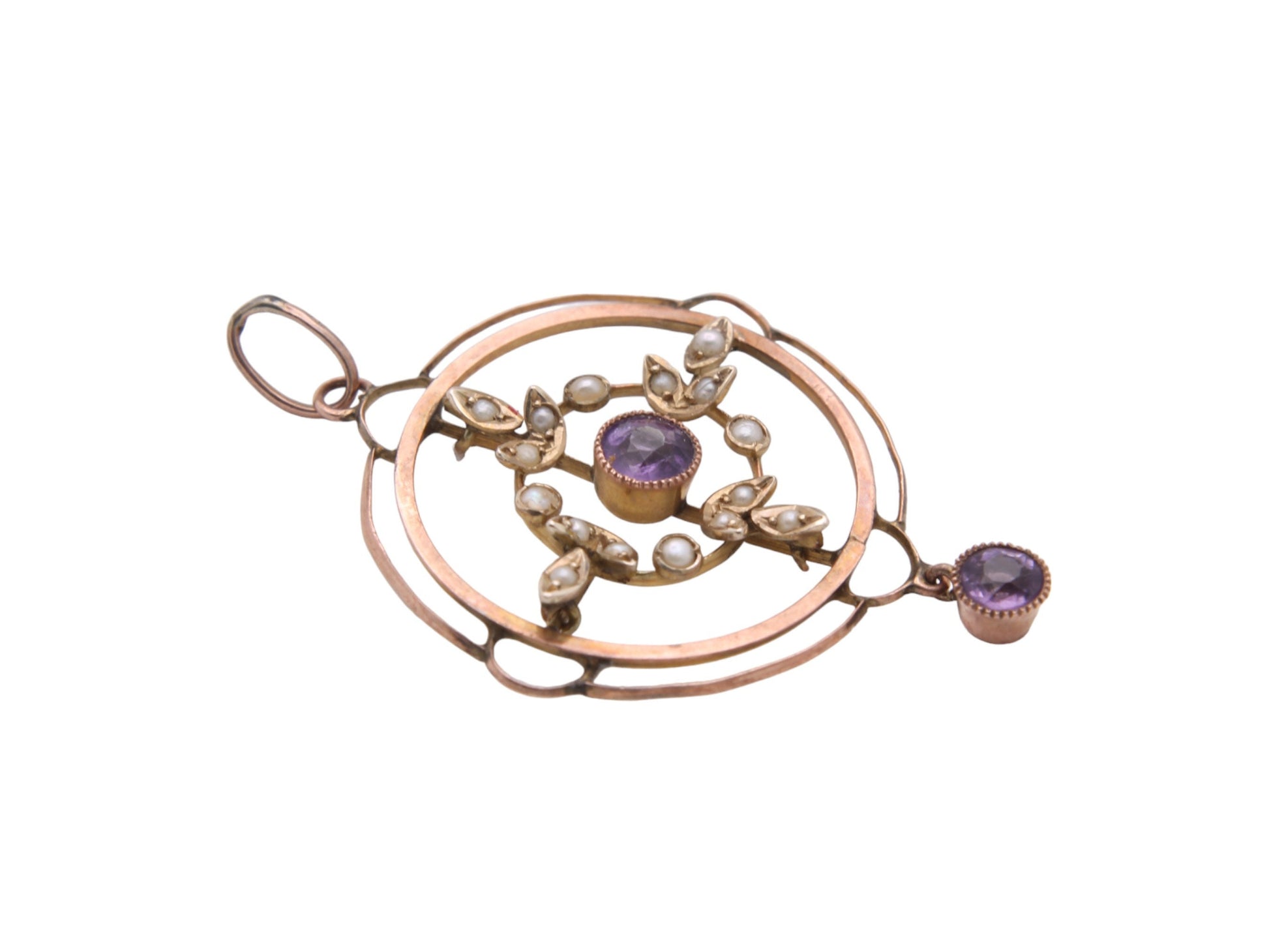 Antique-9ct-Gold-Amethyst-Seed-Pearl-Pendant