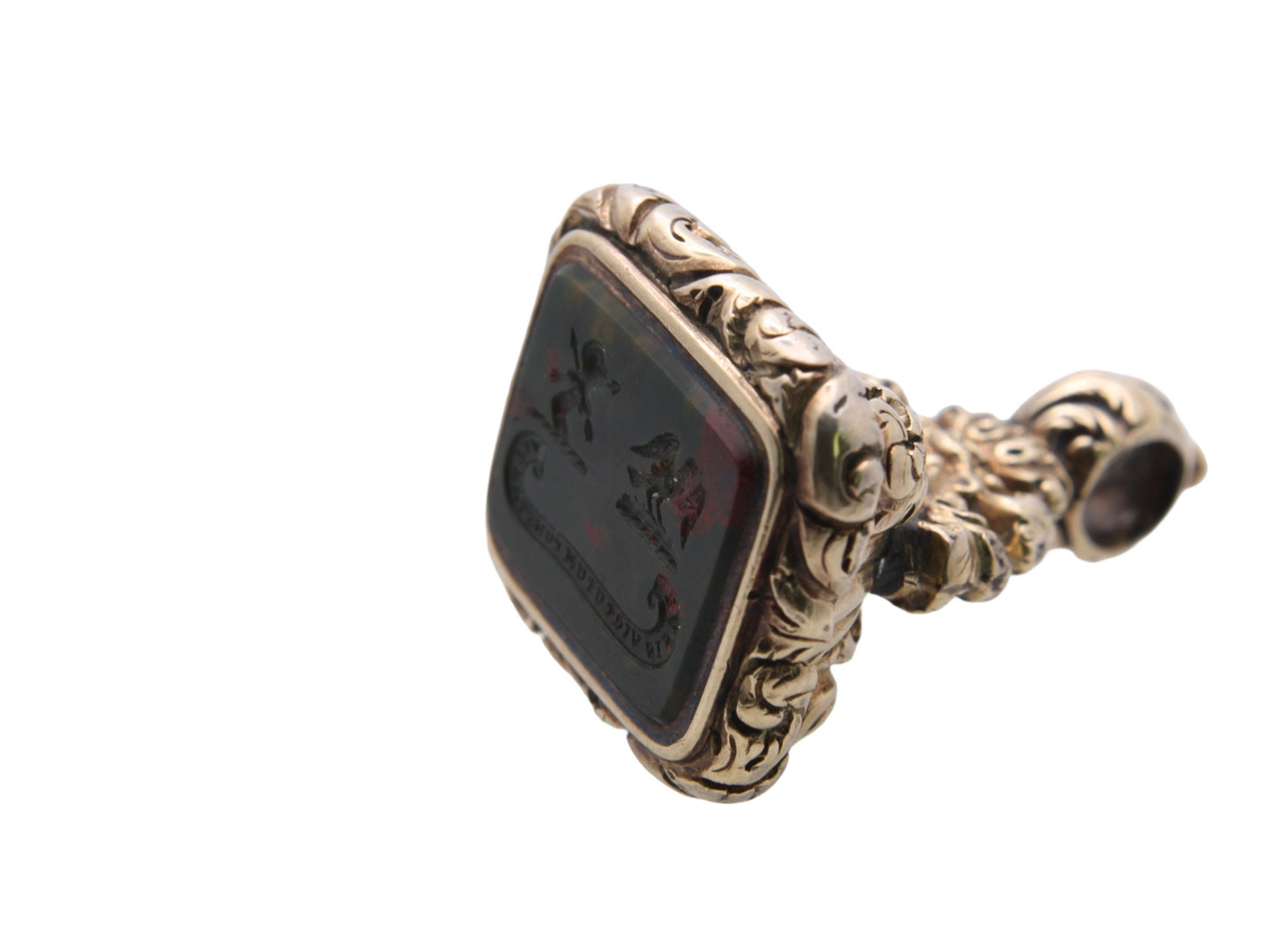 Antique-9ct-Gold-Intaglio-Falcon-Crest-"Steadiness-is-the-foundation-of-the-virtues"-Seal-Pendant