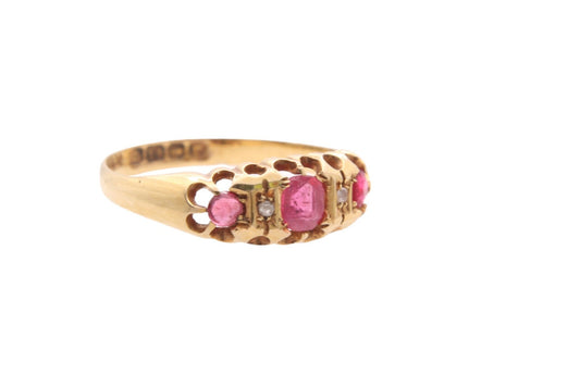 Antique 18ct Gold, Diamond & Ruby Gypsy Boat Ring 0.36ctw