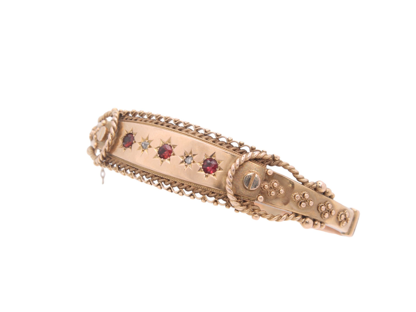 Antique 9ct Gold Diamond & Garnet Decorative Bangle - 1908