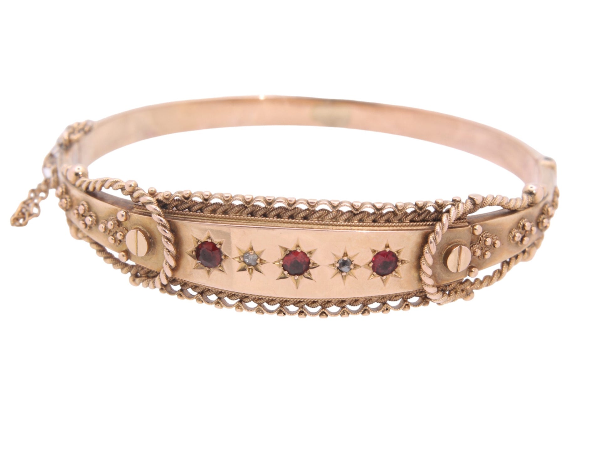 Antique-9ct-Gold-Diamond-&-Garnet-Decorative-Bangle---1908