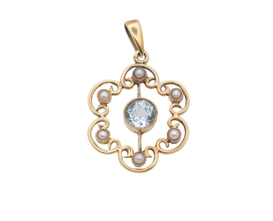 Antique 15ct Gold Aquamarine & Pearl Pendant