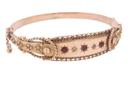 Antique 9ct Gold Diamond & Garnet Decorative Bangle - 1908