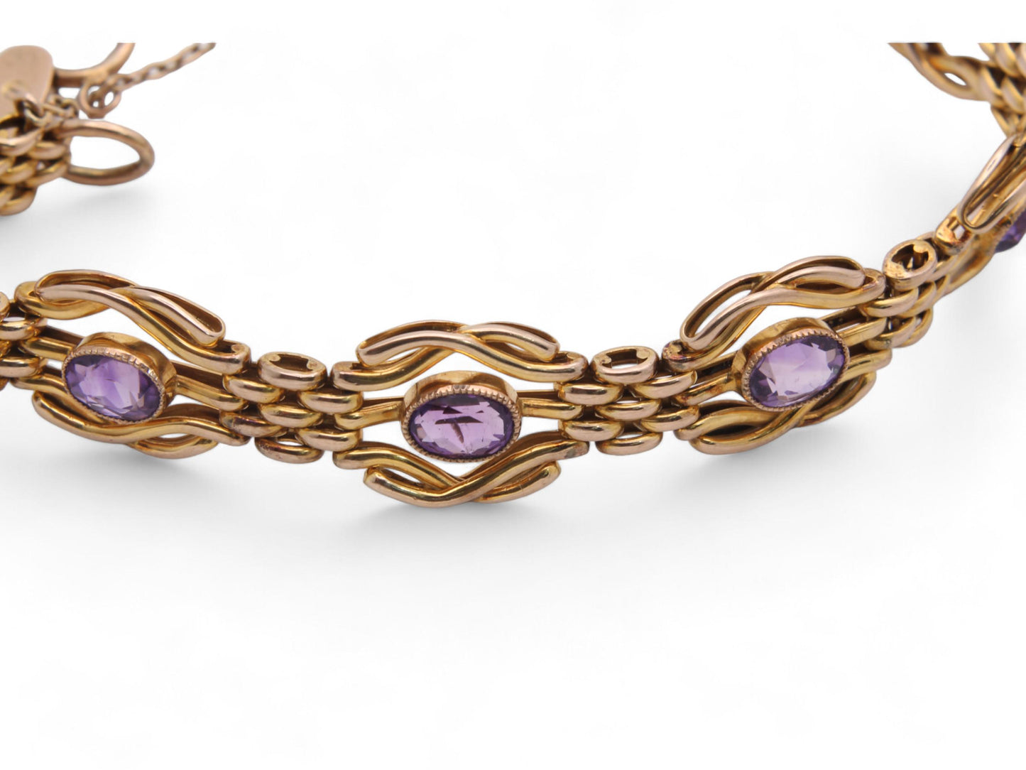 Antique 9ct Gold Amethyst Gate Bracelet With Heart Padlock, 19g