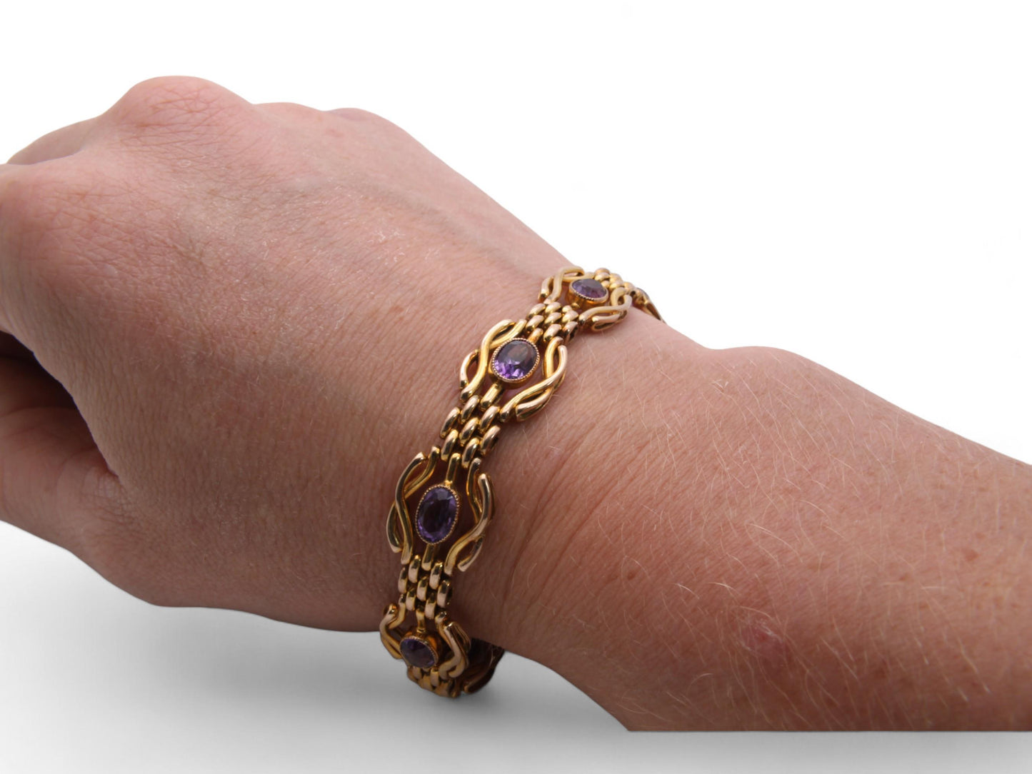 Antique-9ct-Gold-Amethyst-Gate-Bracelet-With-Heart-Padlock,-19g