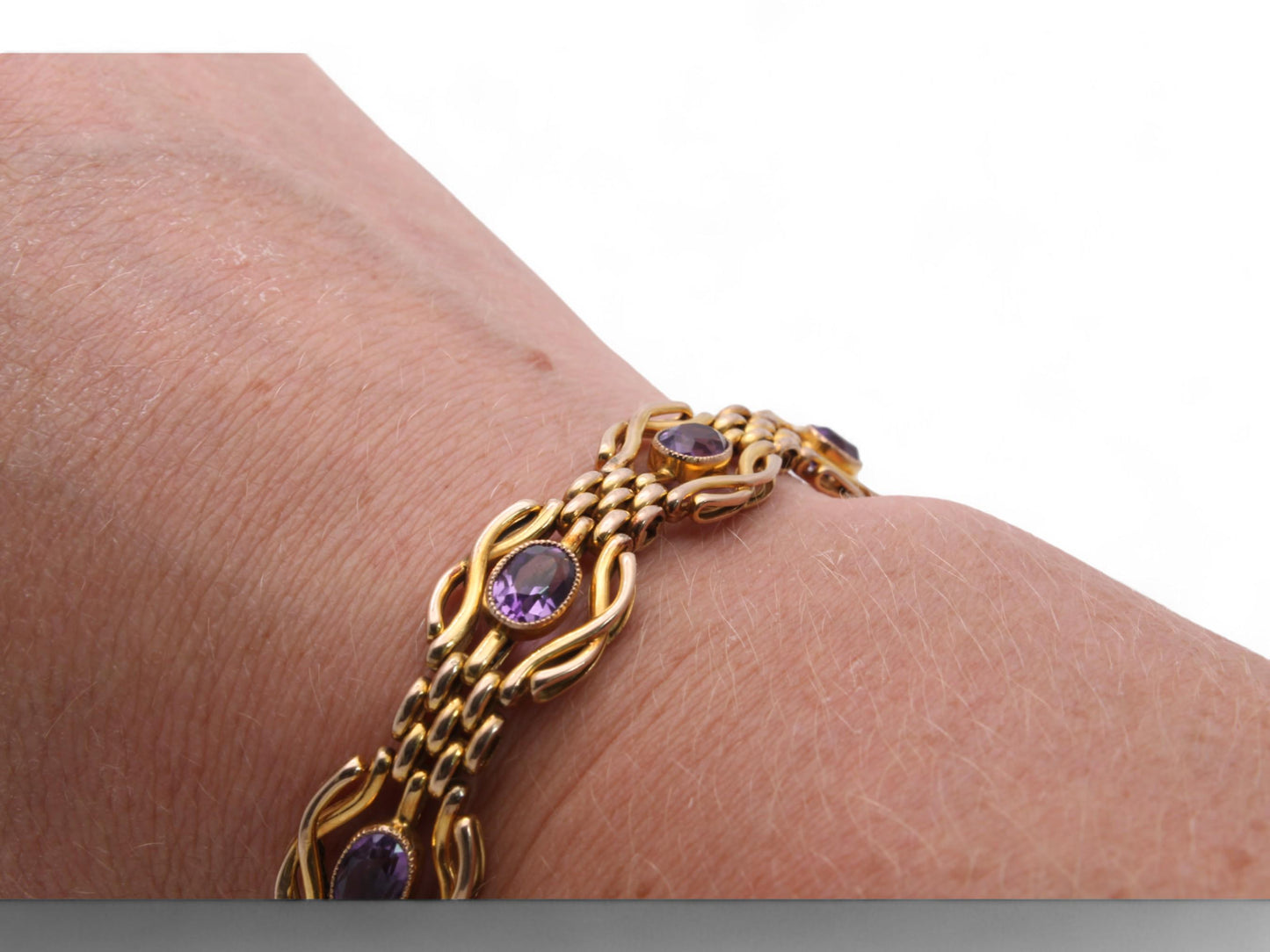 Antique 9ct Gold Amethyst Gate Bracelet With Heart Padlock, 19g