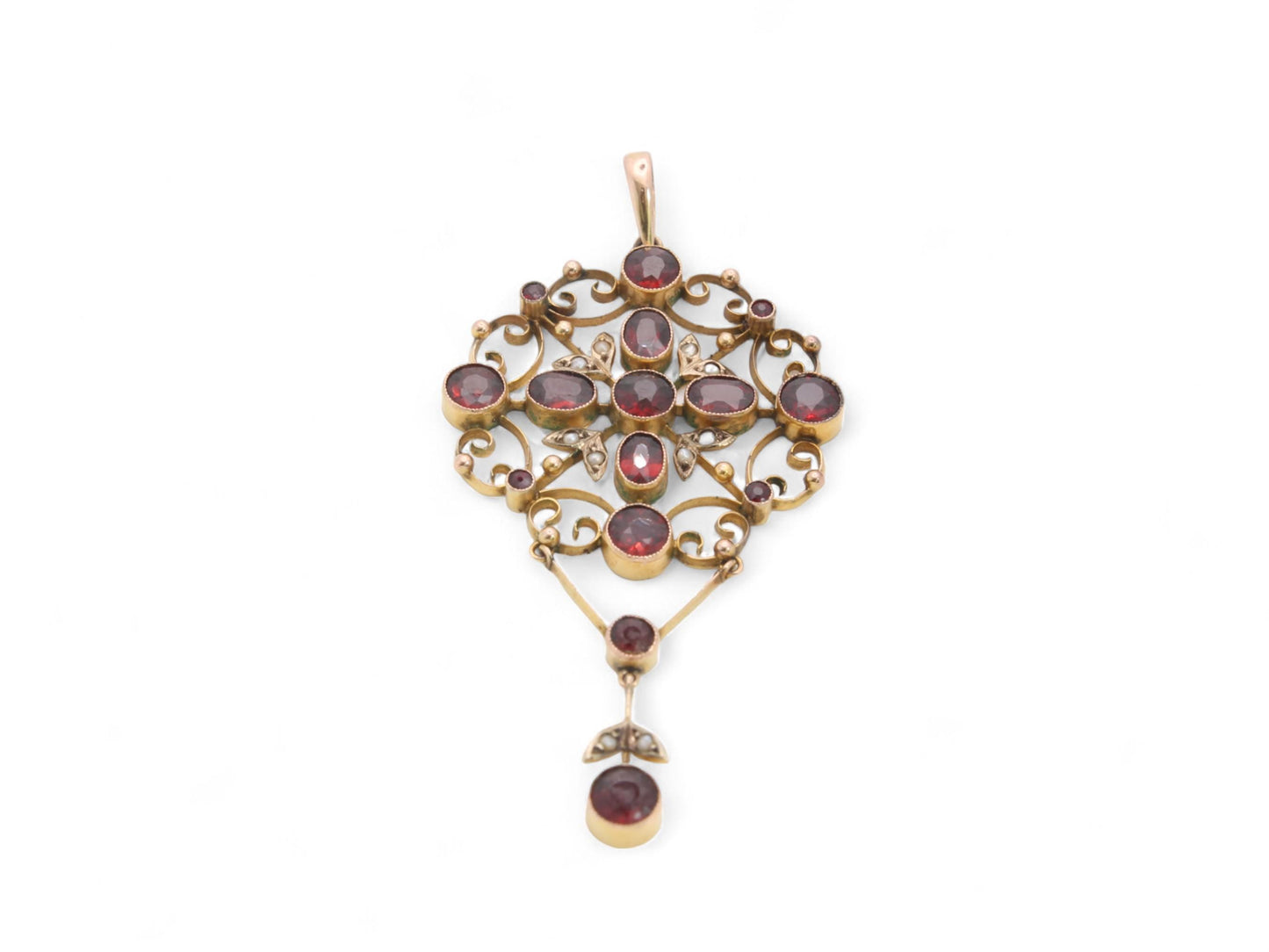 Antique Edwardian 9ct Gold Garnet & Pearl Pendant