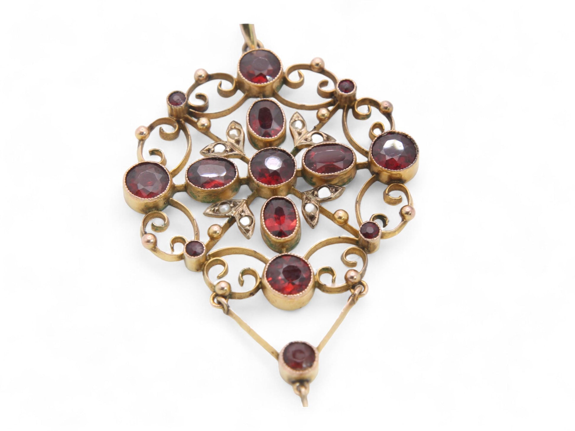 Antique-Edwardian-9ct-Gold-Garnet-&-Pearl-Pendant