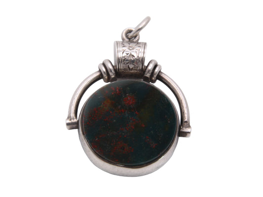 Antique Sterling Silver Bloodstone Carnelian Spinner Pendant, 1892