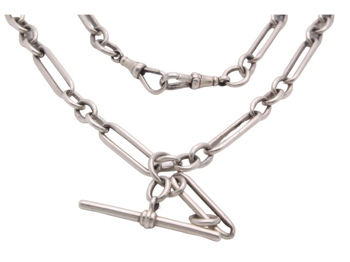 Antique Silver Trombone Link Double Albert Watch Chain J.W Benson, 18"