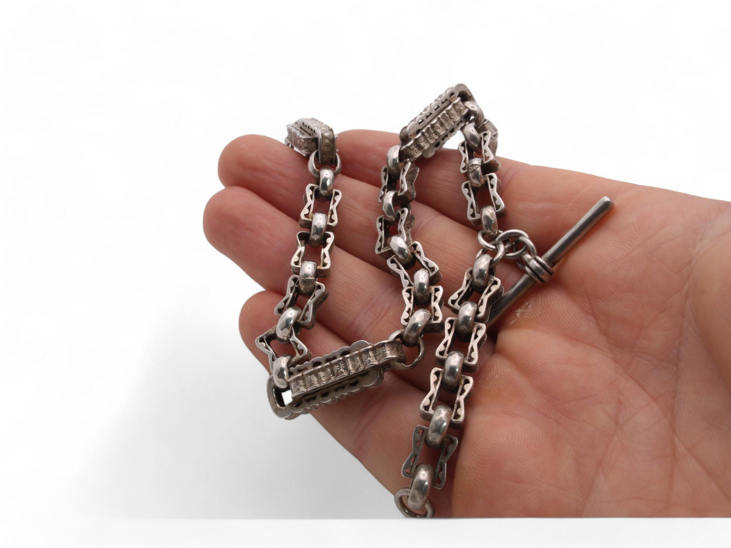 Antique Sterling Silver Fancy Star Link Watch Chain, 14"