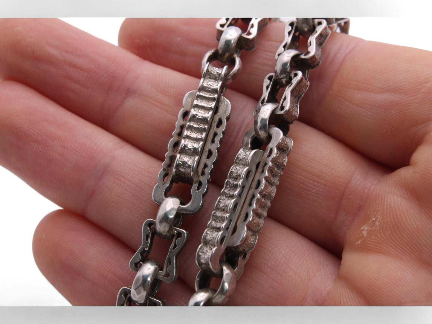 Antique Sterling Silver Fancy Star Link Watch Chain, 14"