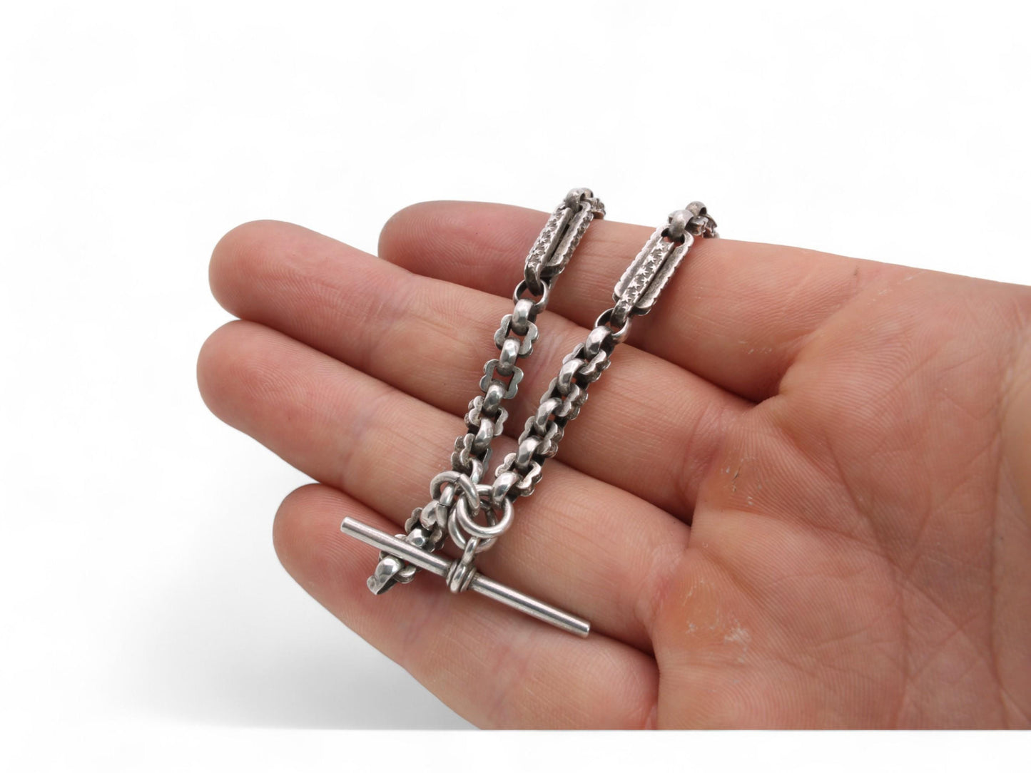 Antique Sterling Silver Fancy Star Link Double Albert Chain, 15.75"