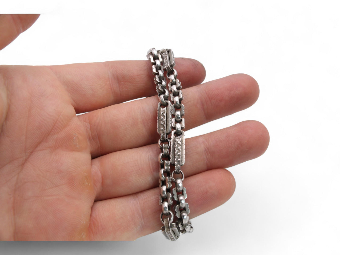 Antique Sterling Silver Fancy Star Link Double Albert Chain, 15.75"